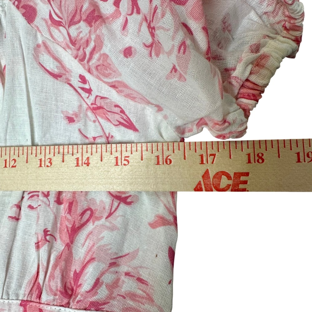 Pink Cottagecore Floral Toile Midi Dress Cotton Linen Puff Sleeve Smocked Back - Picture 3 of 7